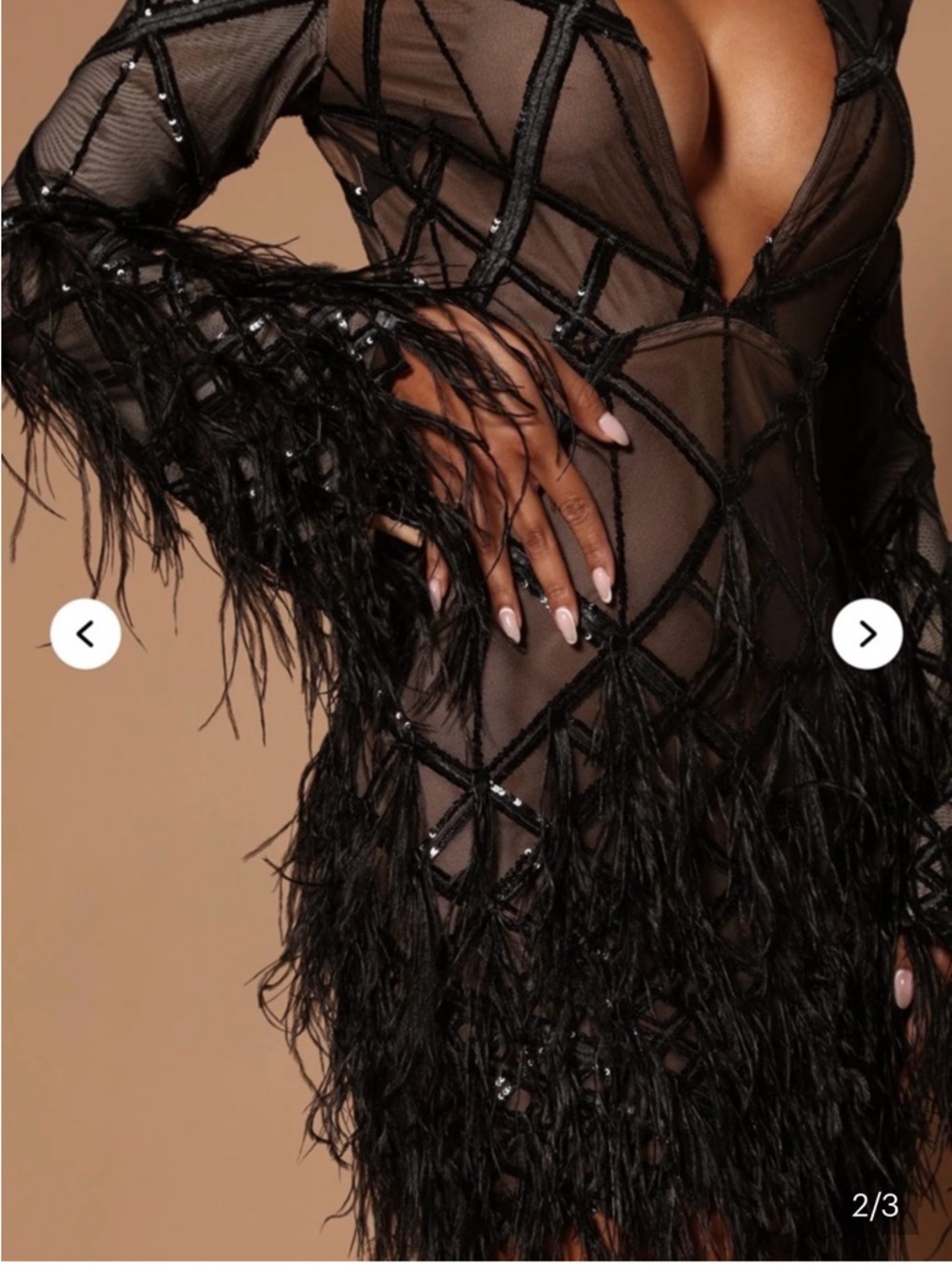 Fashion Nova Luxe Amber Deep V Embellished Feather Trim Mini Dress Black Small - Picture 4 of 11